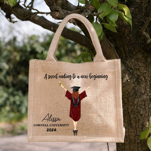 A Sweet Ending To A New Beginning - Personalized Jute Tote Bag - Graduation Gift