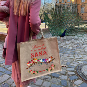Personalized Blessed Bird Grandma Kids Flower Jute Tote Bag