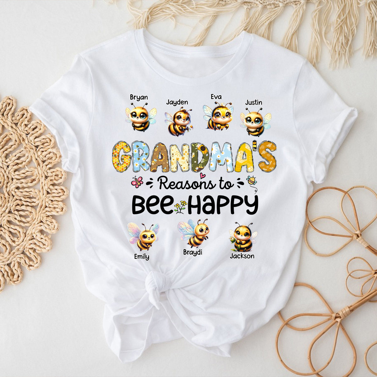Personalized Pure Cotton T-shirt - Reasons To Bee Happy - Gift For Nana, Grandma, Mom