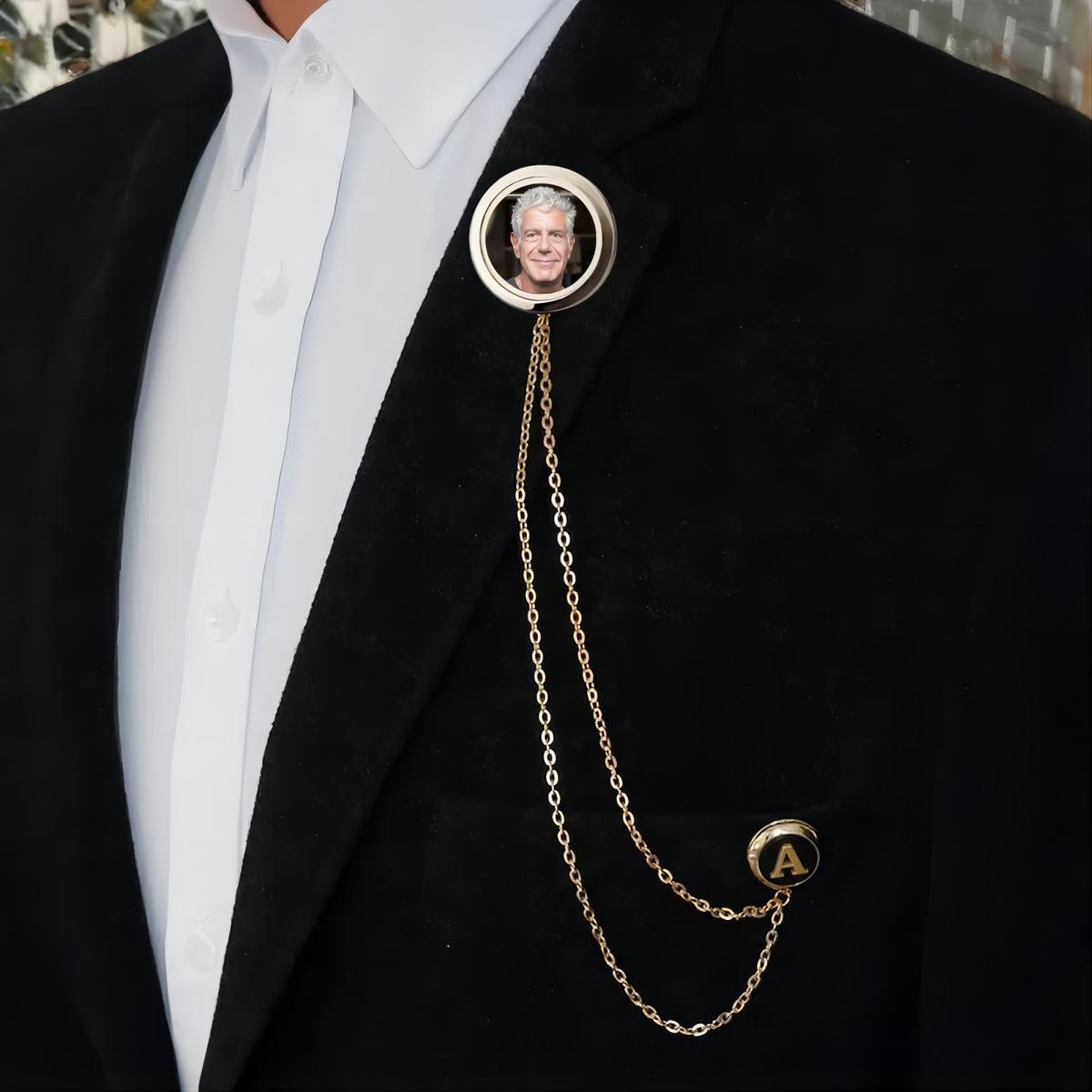 Personalized Memorial Photo & Name Charm Lapel Pin, Initial Chain Brooch for Man, Groom Gifts for Wedding Day