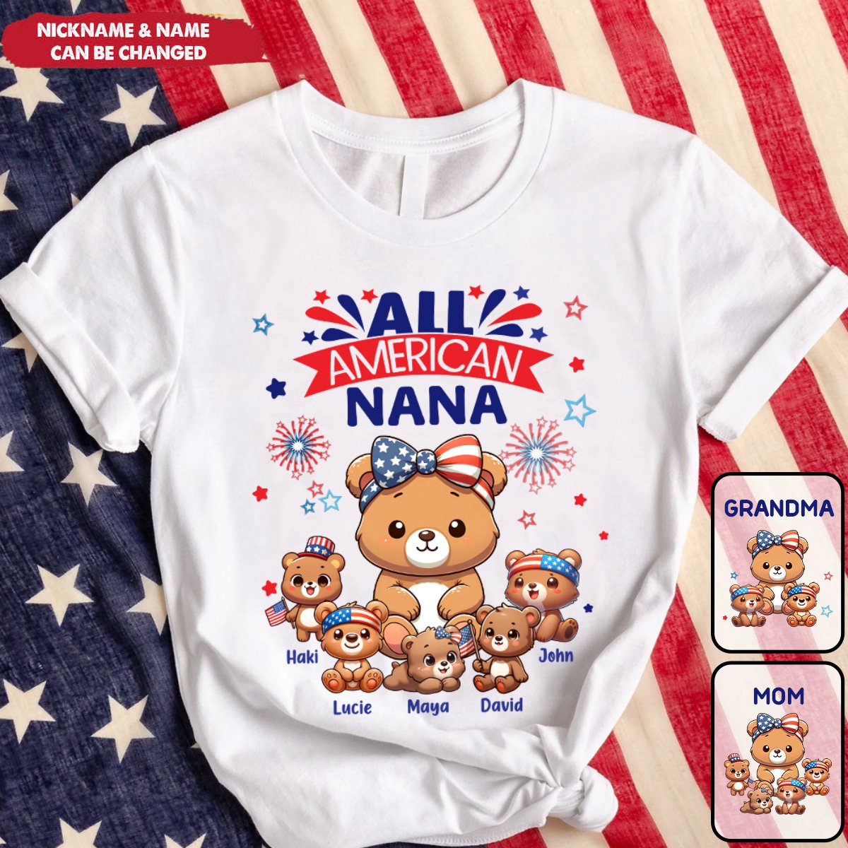 Nana Grandma Cute Bear 4th of July Gift Personalized Pure Cotton T-Shirt