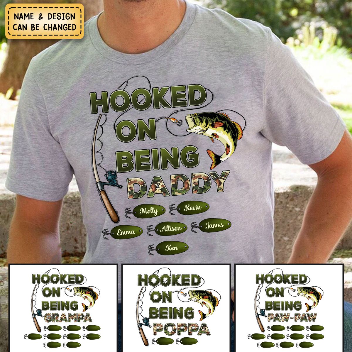 Personalized Hooked On Being Dad/Grandpa Fishing Camouflage Pure Cotton T-Shirt
