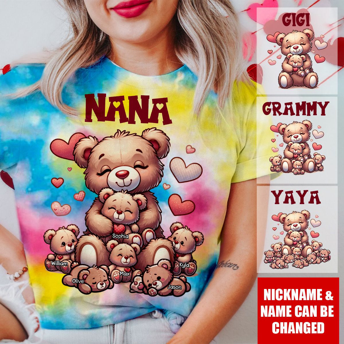 Personalized Grandma Bear With Cute Grandkids Rainbow 3D T-Shirt