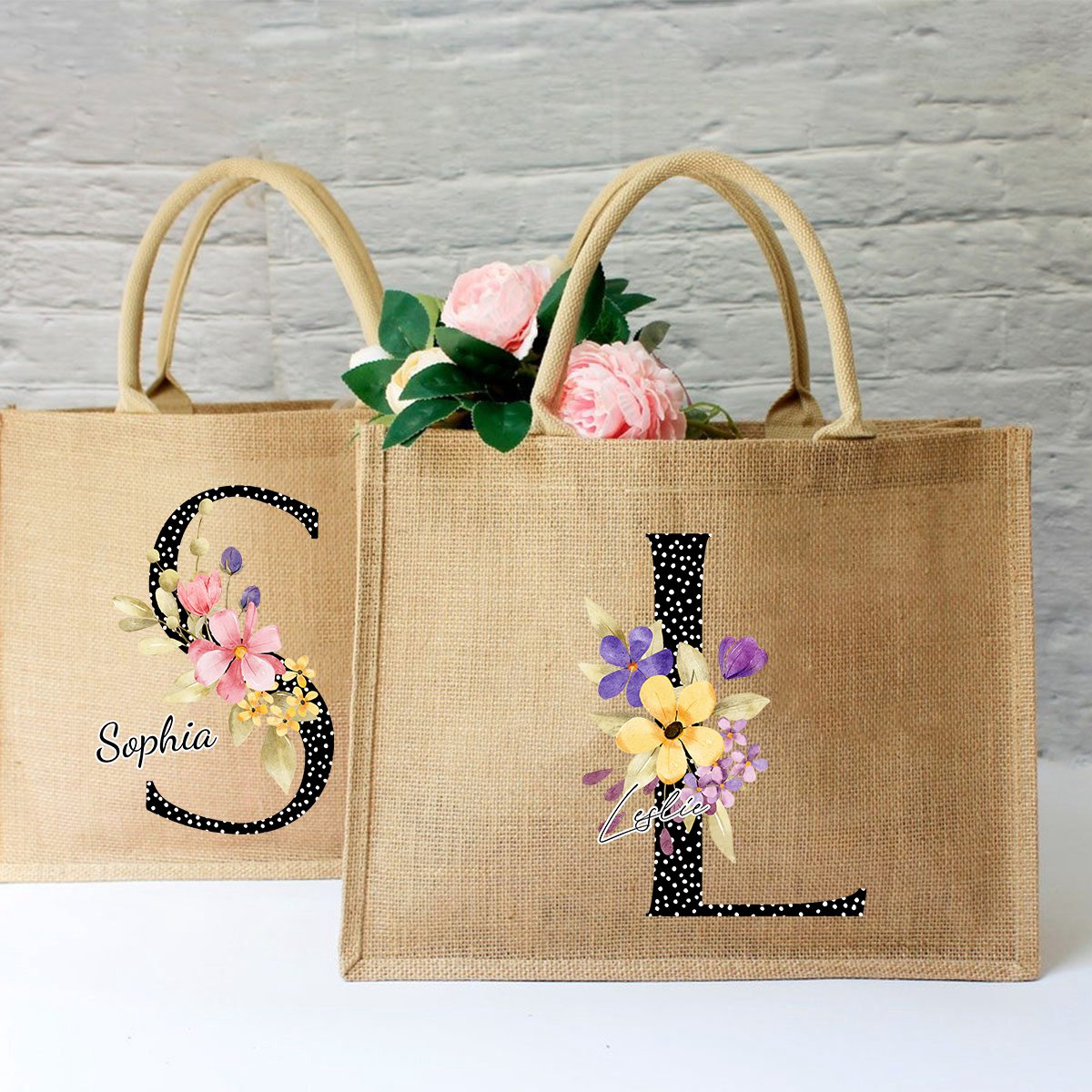 Personalized Alphabet Letter Floral Monogram Name Jute Tote Bag