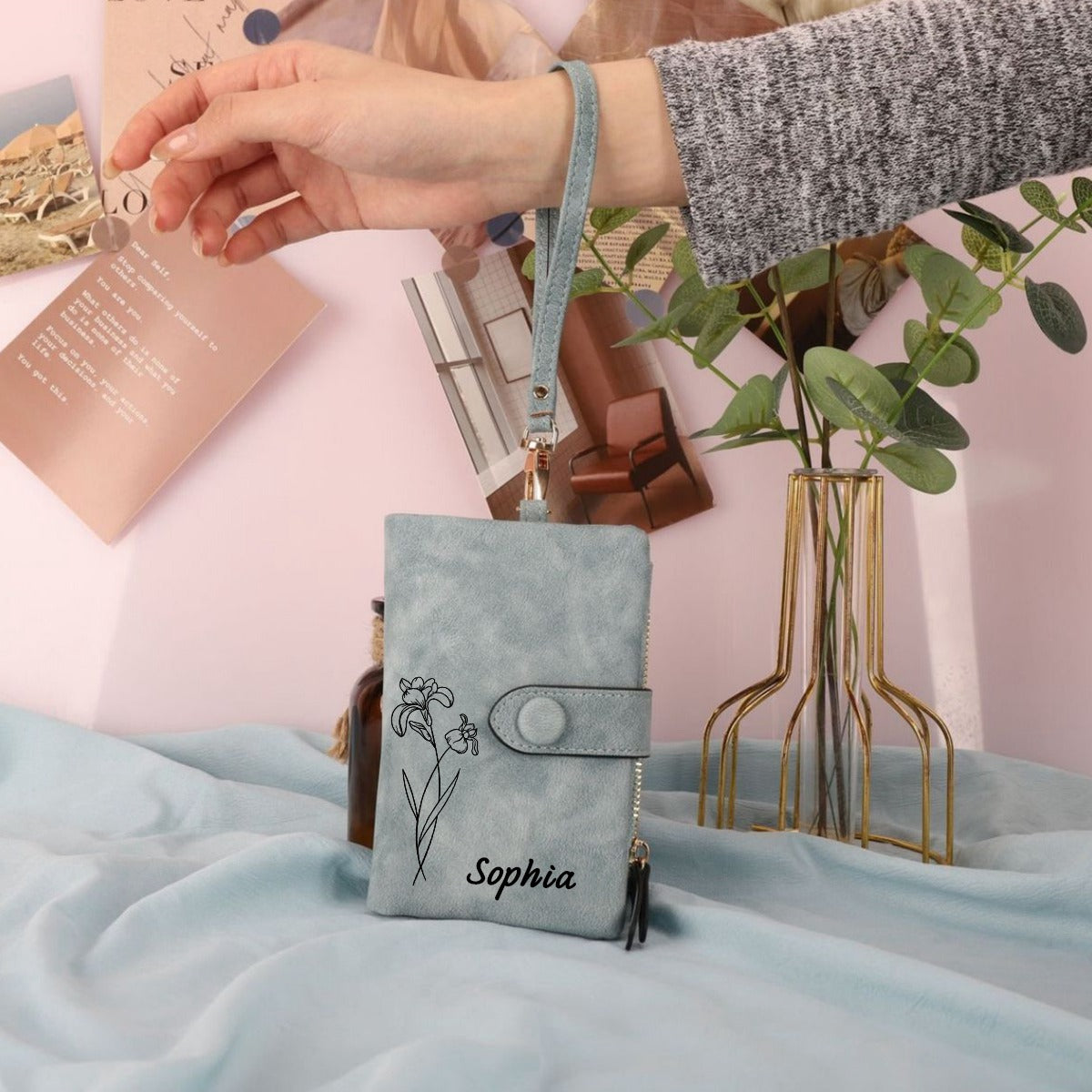 Personalized Tri-Fold Birth Flower Leather Wallet Card Holder