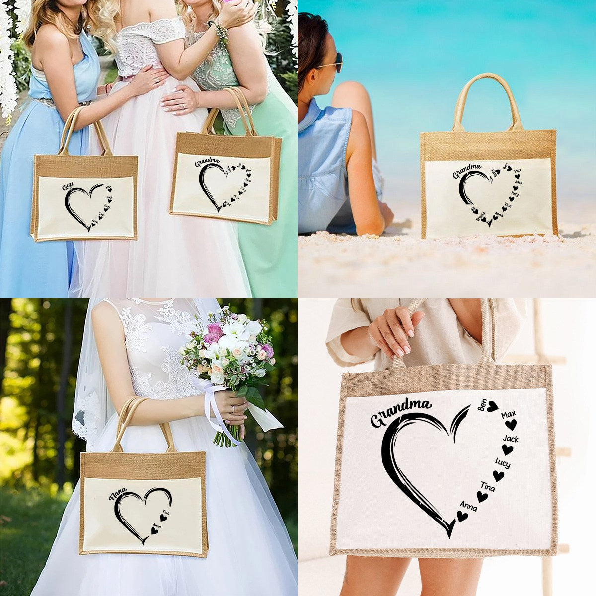 Personalized Heart Grandma and Grandkids Jute Tote Bag