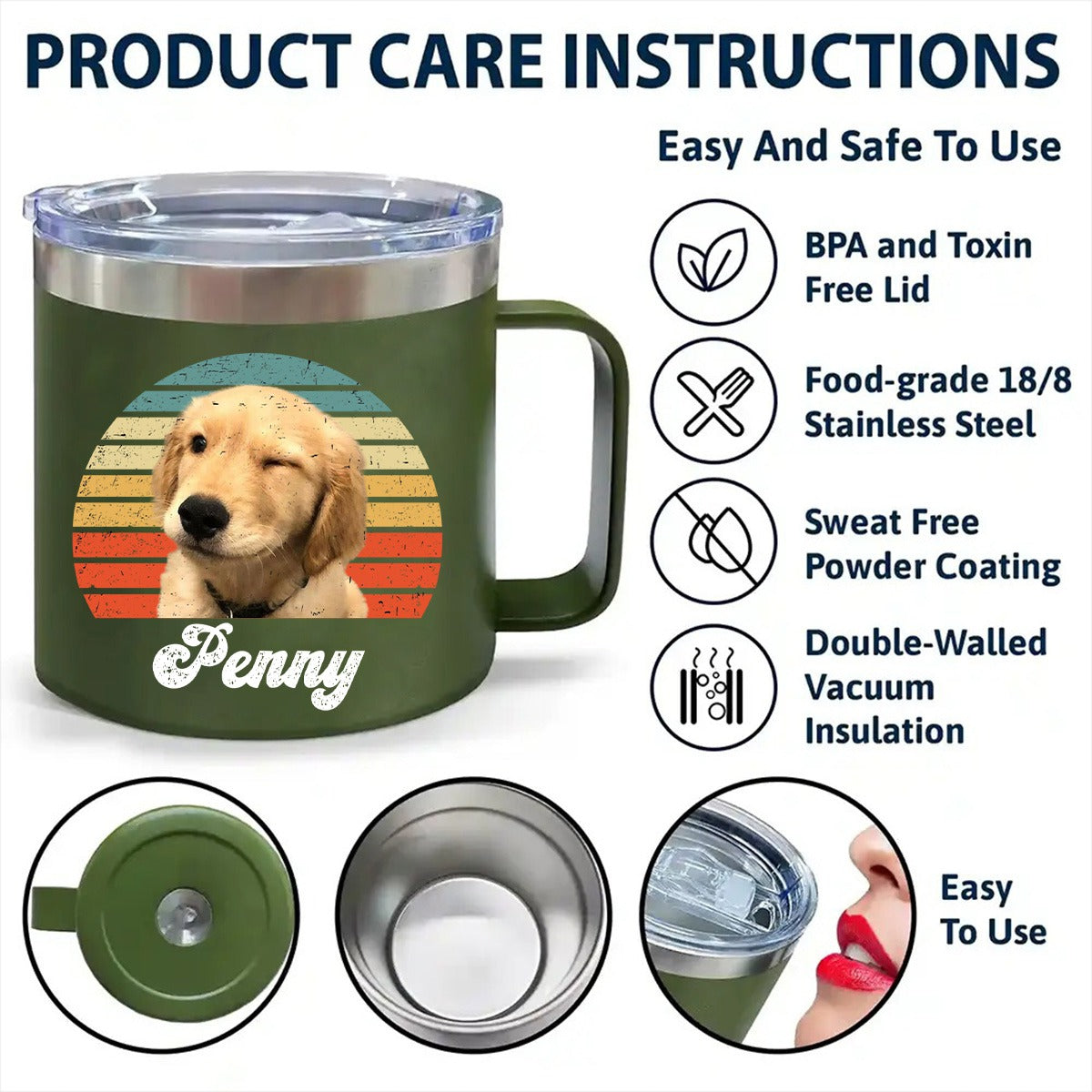 Dog Cat Vintage Retro Photo - Personalized 14oz Stainless Steel Tumbler With Handle