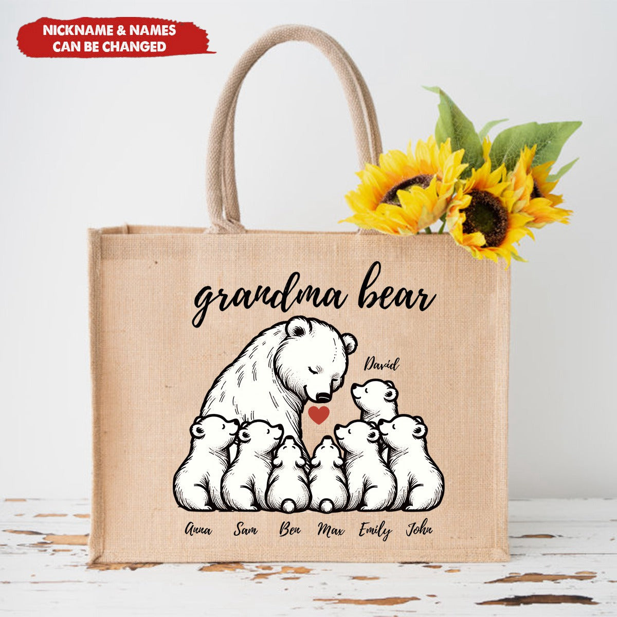 Personalized Bear With Little Bear Kids Jute Tote Bag