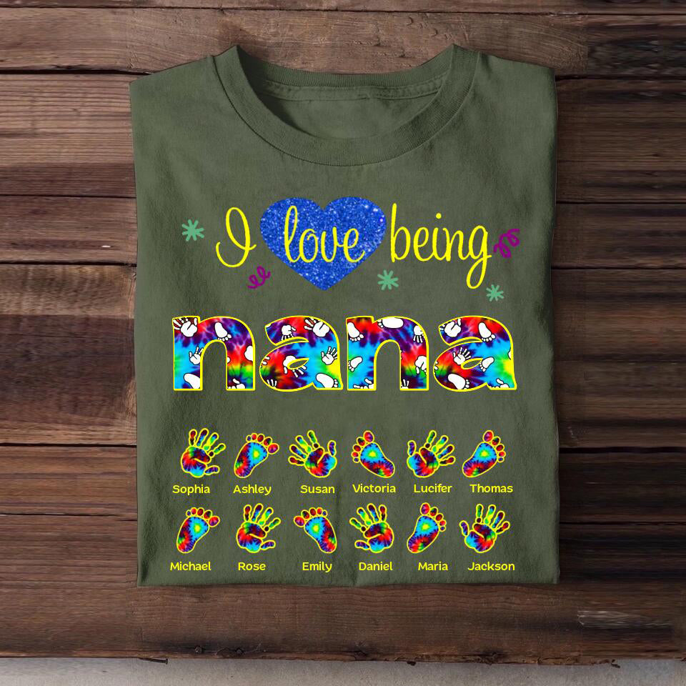 Personalized I Love Being Nana Grandma Title Hand Foot Kid Name T-Shirt