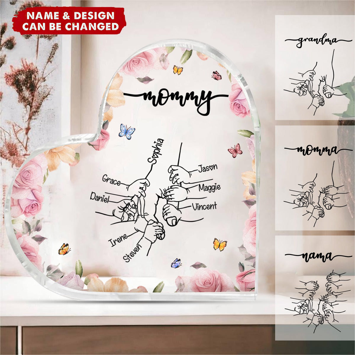 Personalized Holding Mom's Hand Heart Shaped Acrylic Plaque