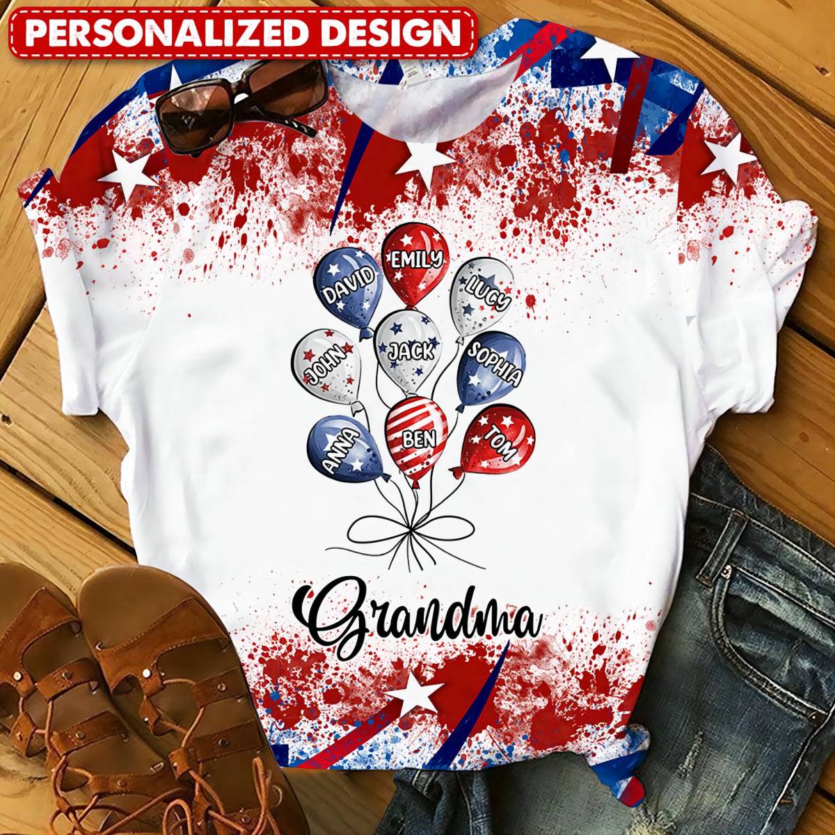 4th July Grandma Mom Little Balloon Kids American Flag Pattern Personalized 3D T-shirt