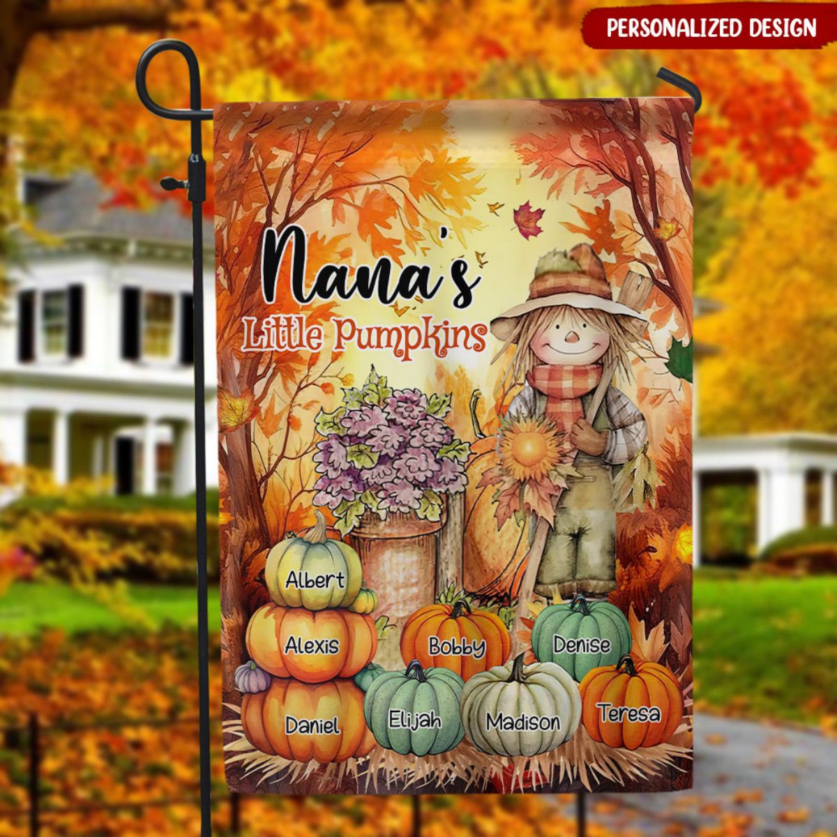 Grandma, Mom Little Pumpkins Scarecrow With Pumpkins Personalized Flag
