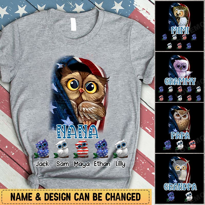 Personalized Owl Grandma Grandpa Kid Independence Day T-shirt