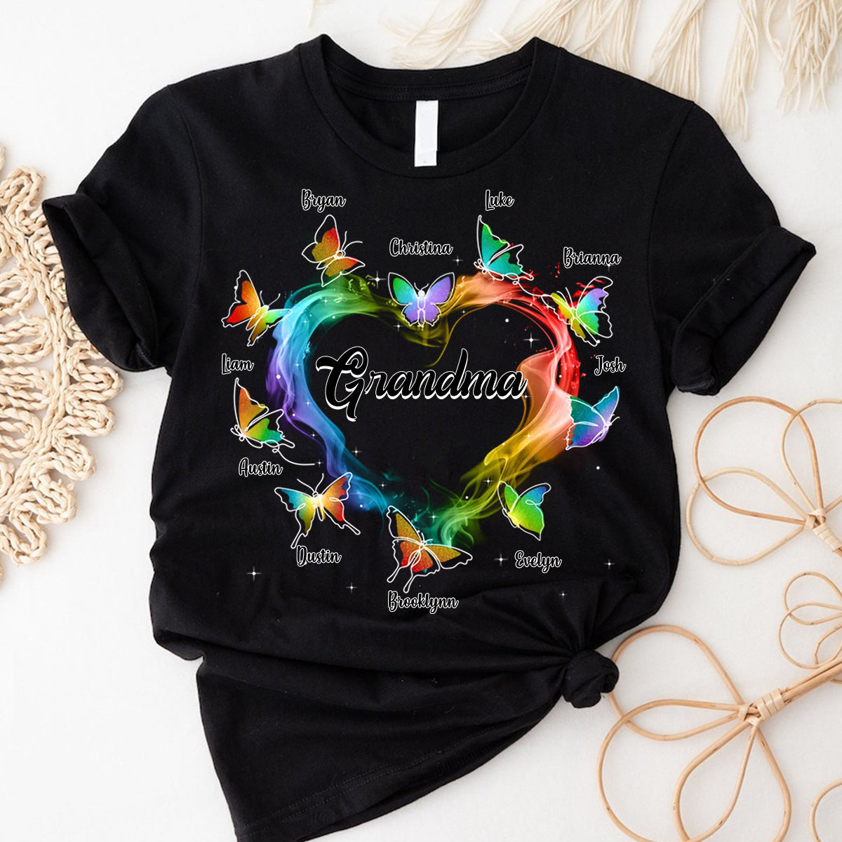Grandma Mom Colorful Heart Butterflies Personalized Pure Cotton T-shirt