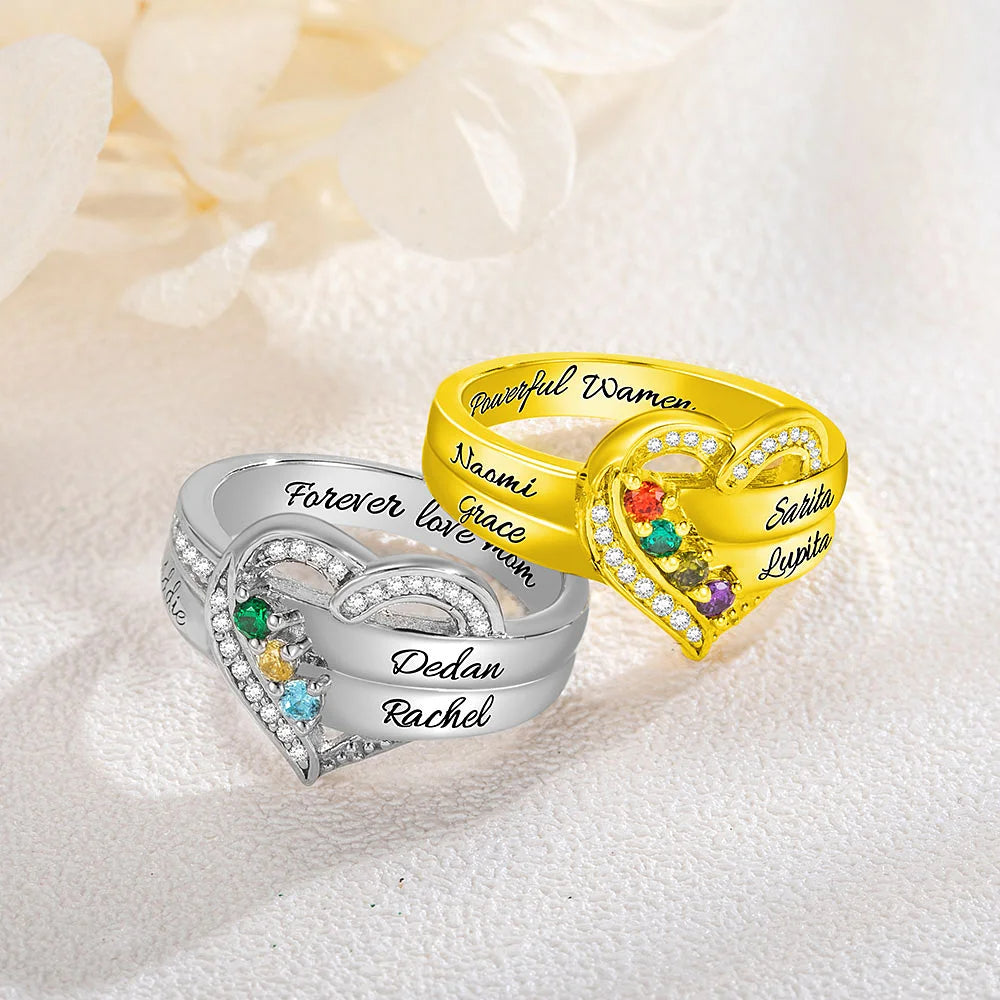 Heart Engraved Name and Birthstone Ring for Women Personalized 925 Sterling Silver Ring