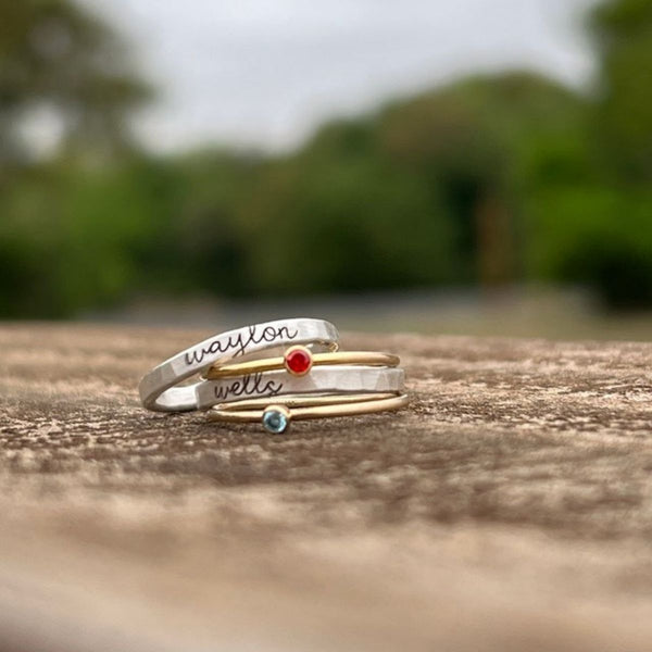 Personalized Name and Birthstone Stackable Rings - faceworm