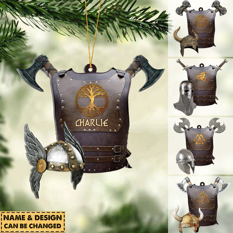 Viking Battle Armor & Weapon Acrylic Ornament, Personalized Name & Nord Symbol