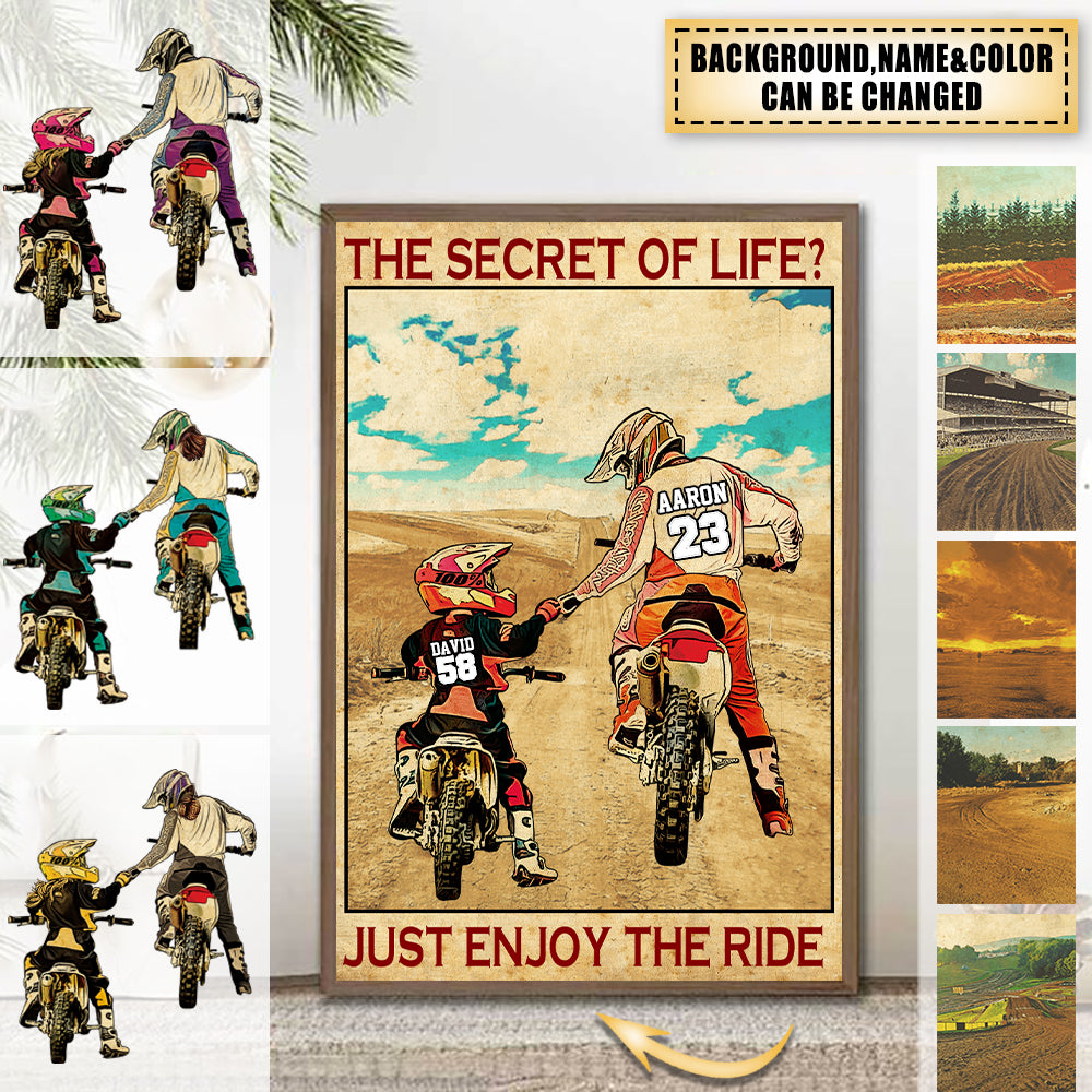 Custom personalized motocross poster with custom name, number and landscape on canvas, vintage style motocross,Dad & Mom And Daughter & Son